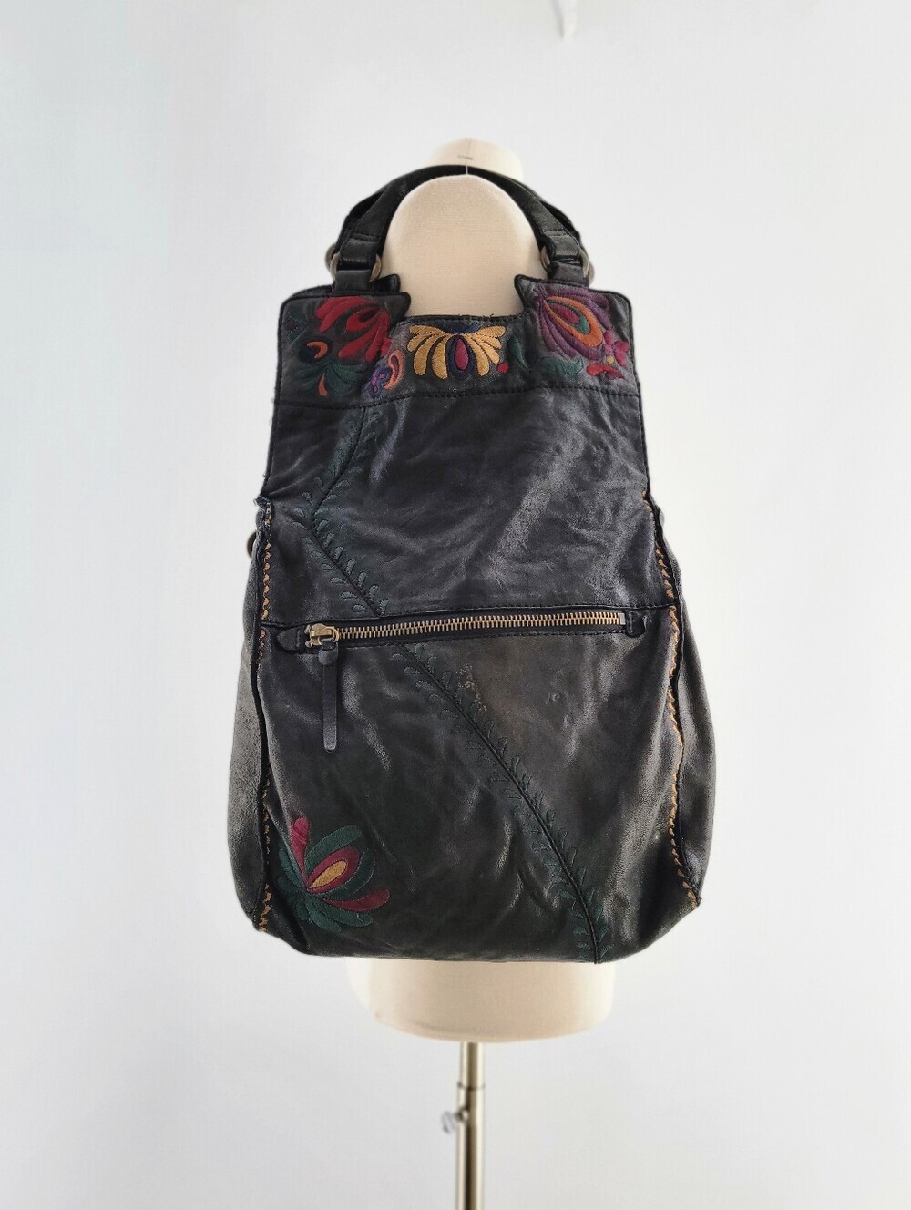 Lucky Brand Abbey Road Vintage Black Leather Hobo Bag Boho Embroidered Festival - Picture 2 of 15